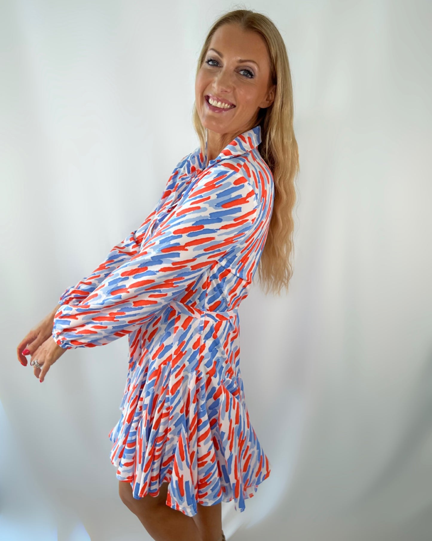 Printed Shirt Dress in Orange & Blue